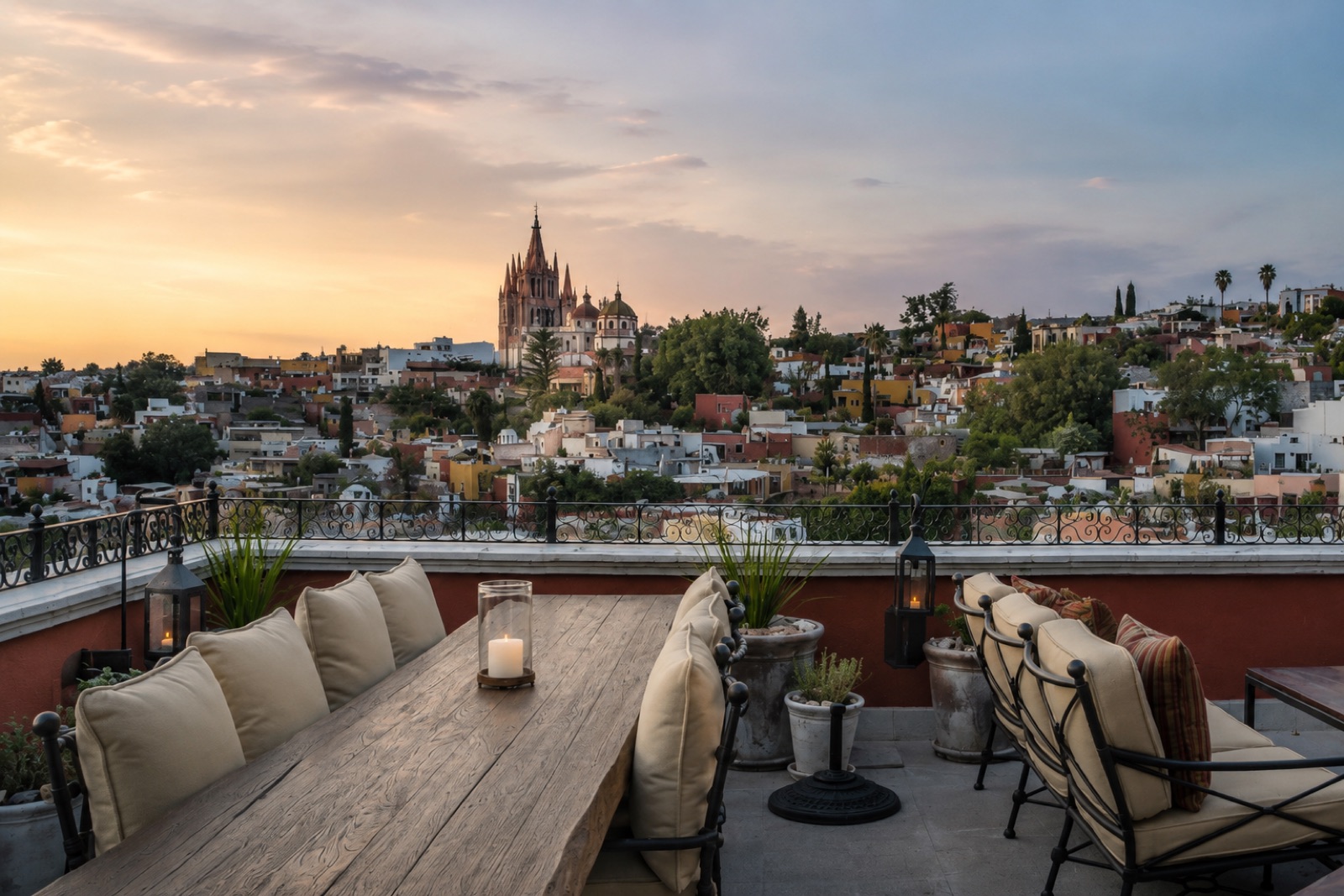 A long rooftop dining table at Casa Nostra at sunset with sweeping views over San Miguel and the Parroquia