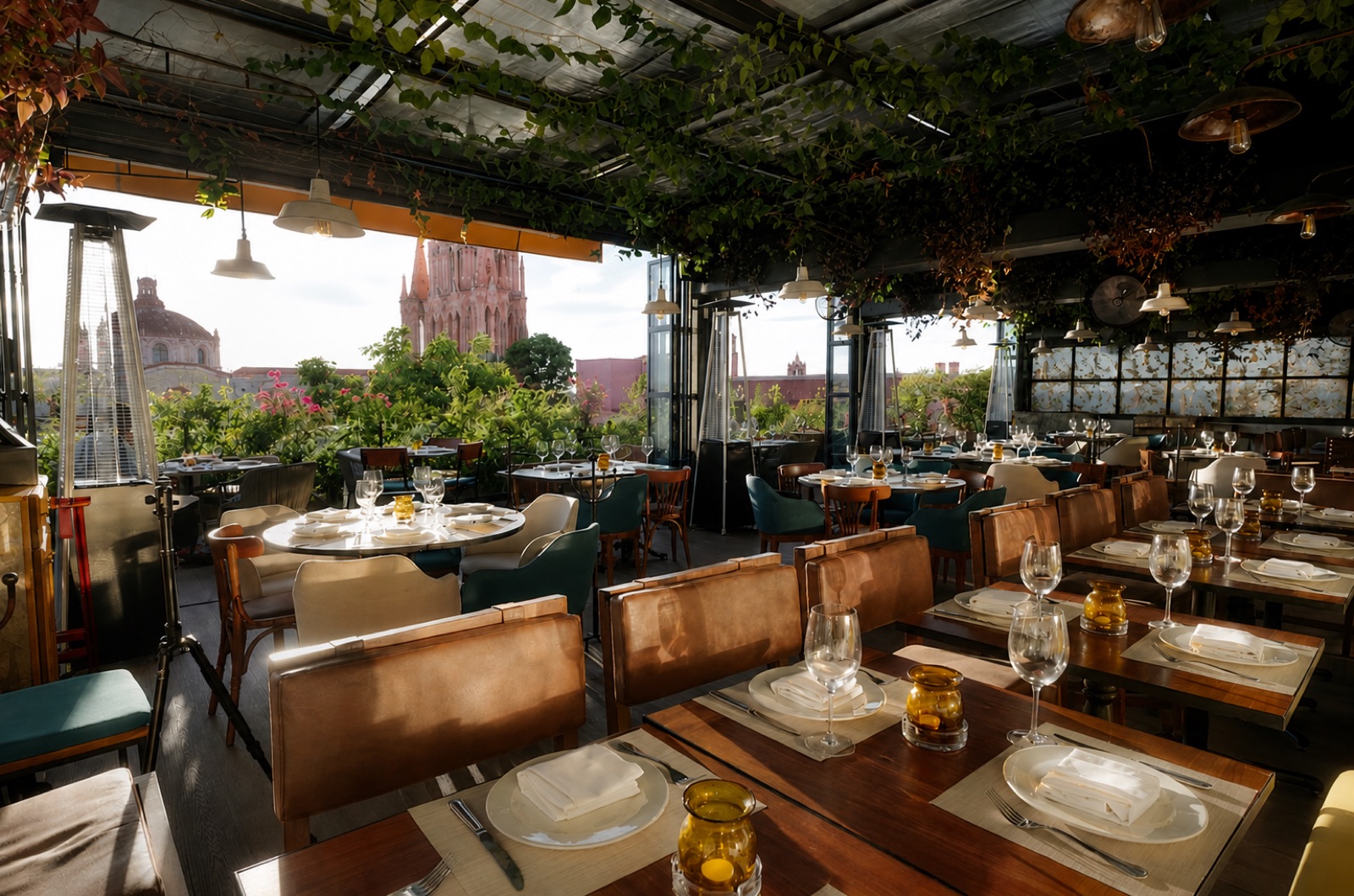 Vine-covered terrace dining room at La Unica with set tables and a view toward the Parroquia